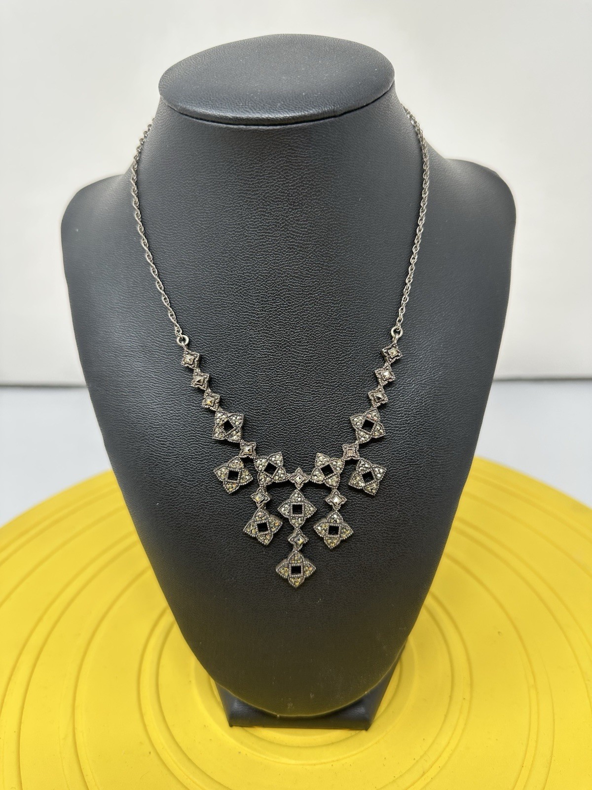 Sterling Silver Dangling Geometric Bib Marcasite Choker Necklace Chic 20g 15 In