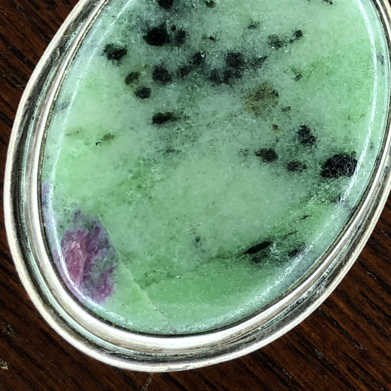 Sterling Silver Oval Bezel Set Green Pink Glows Ruby Zoisite 1 1/2 Inch Pendant
