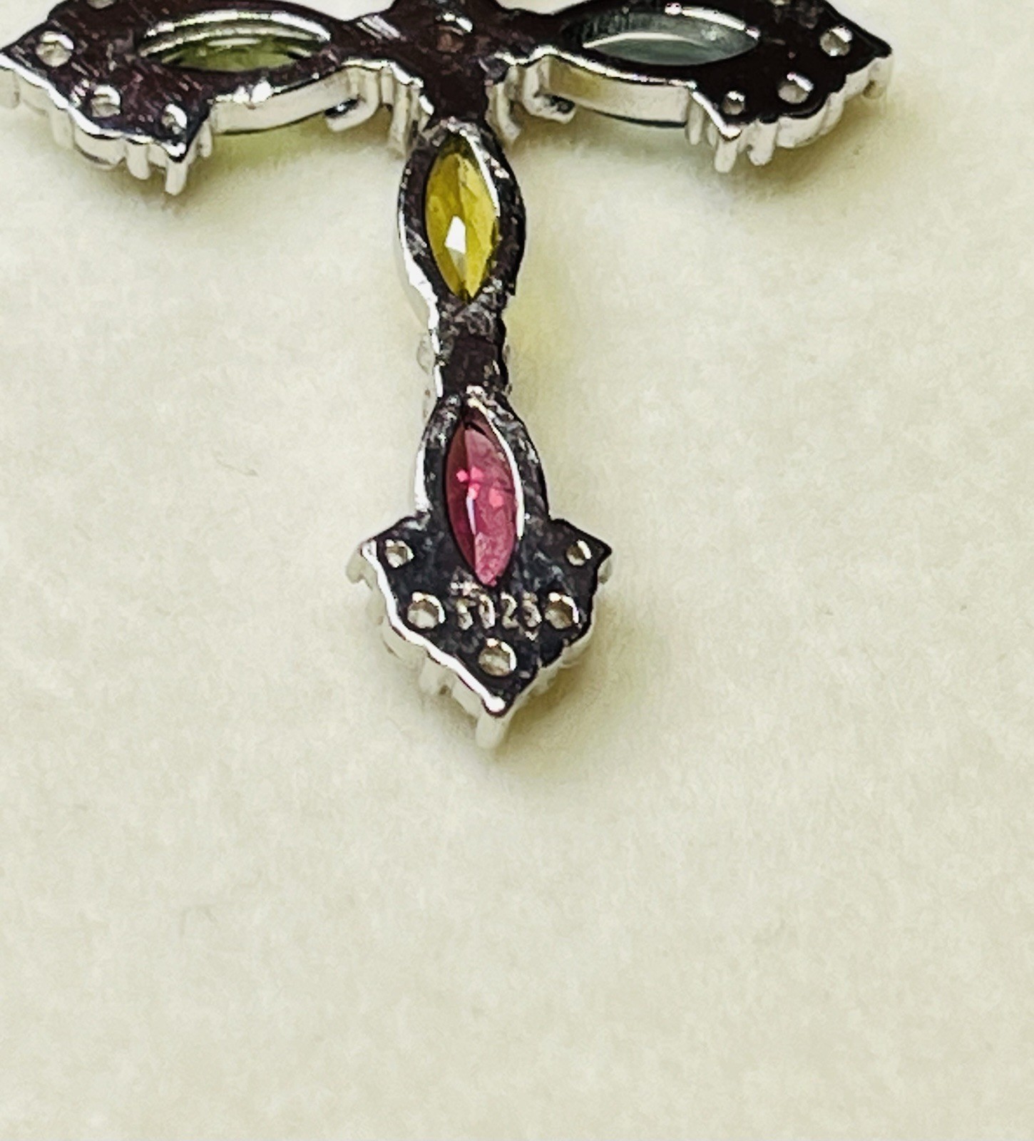 925 Sterling Silver Tourmaline Pink Green Blue Yellow Cross Pendant Necklace