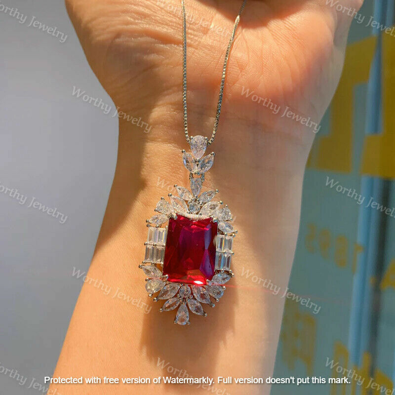 4Ct Radiant Cut Red Ruby Diamond Halo Pendant 14K White Gold Finish Free Chain