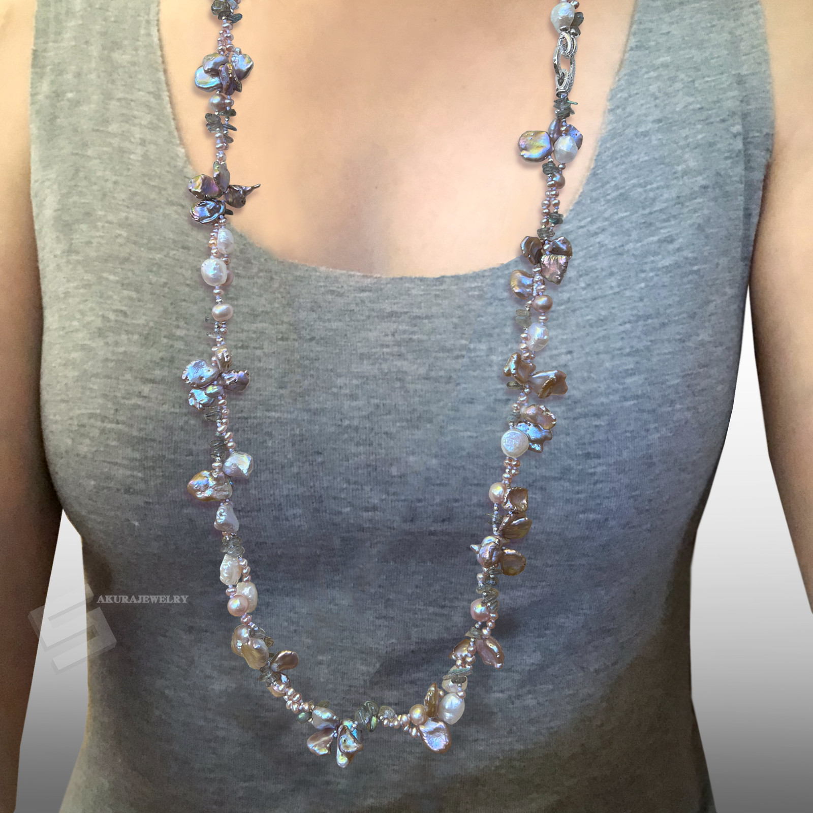 72″ Variety Pearls And Natural Gemstones Long Strand Necklace, Length adjustable