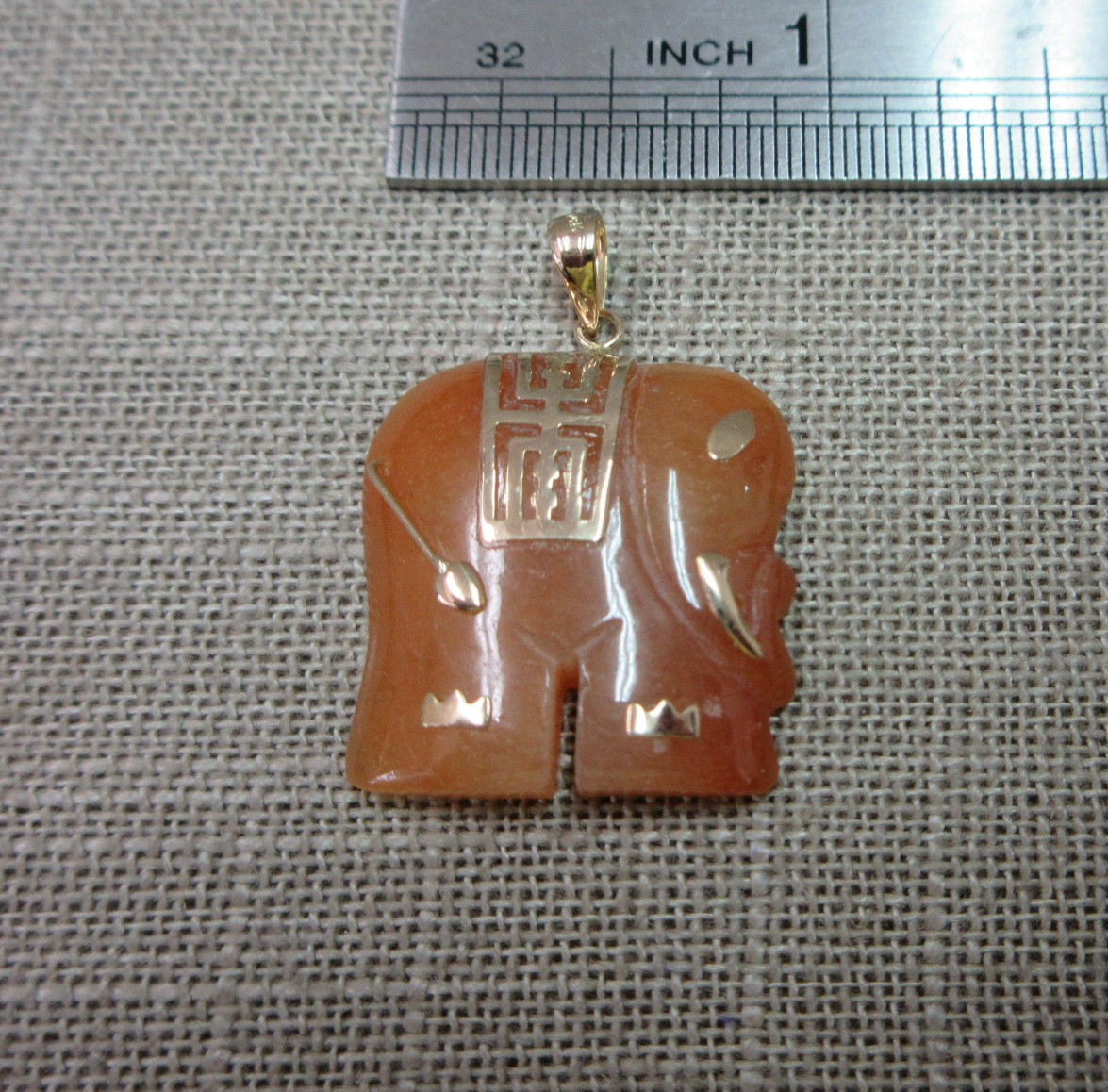 Vtg GSJ 14k Orange Jade Elephant Pendant w/ Longevity Symbol – 6.25 G