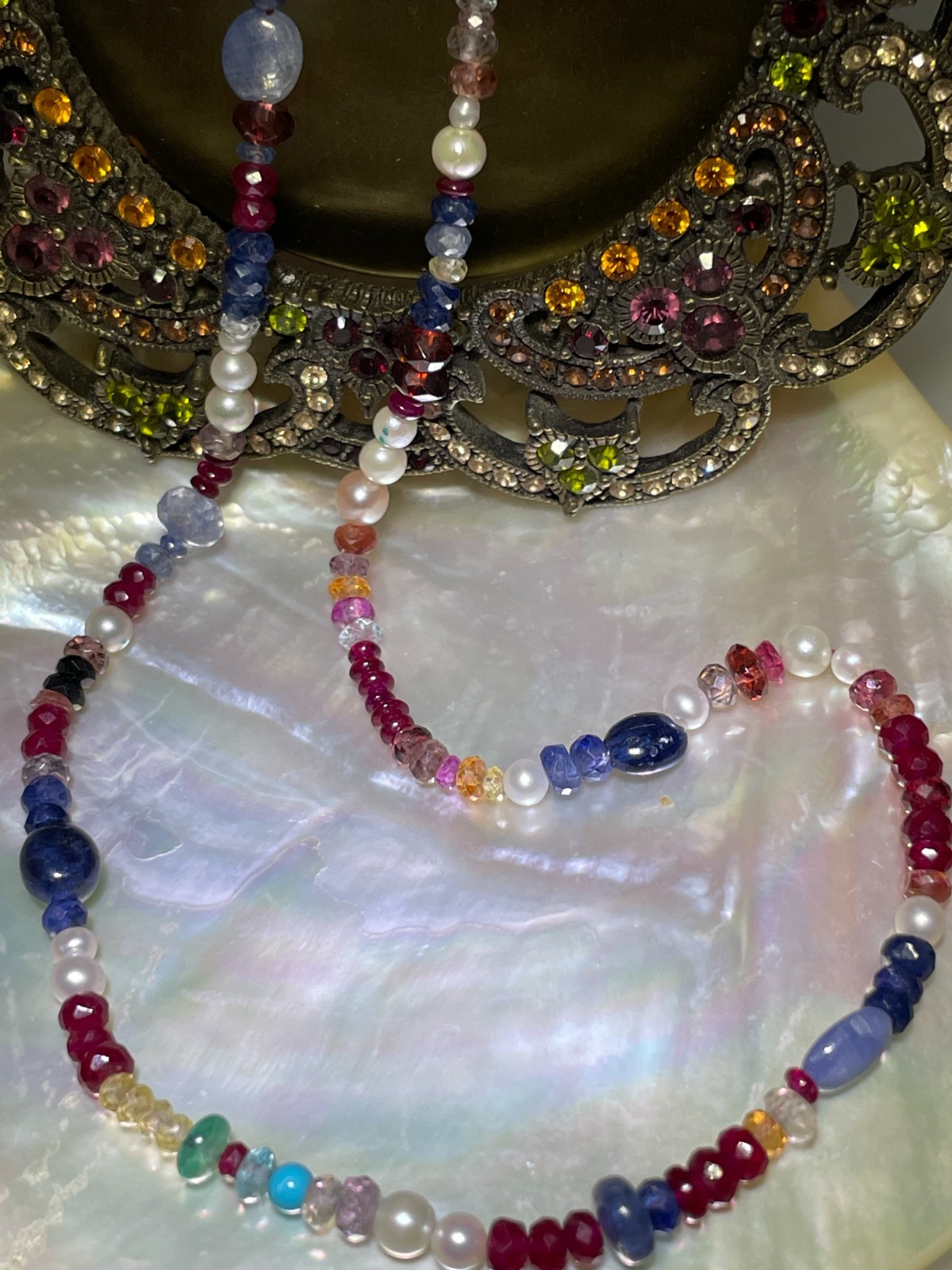 .925 Sterling Silver Ruby, Sapphire, & Gemstone Bead Necklace