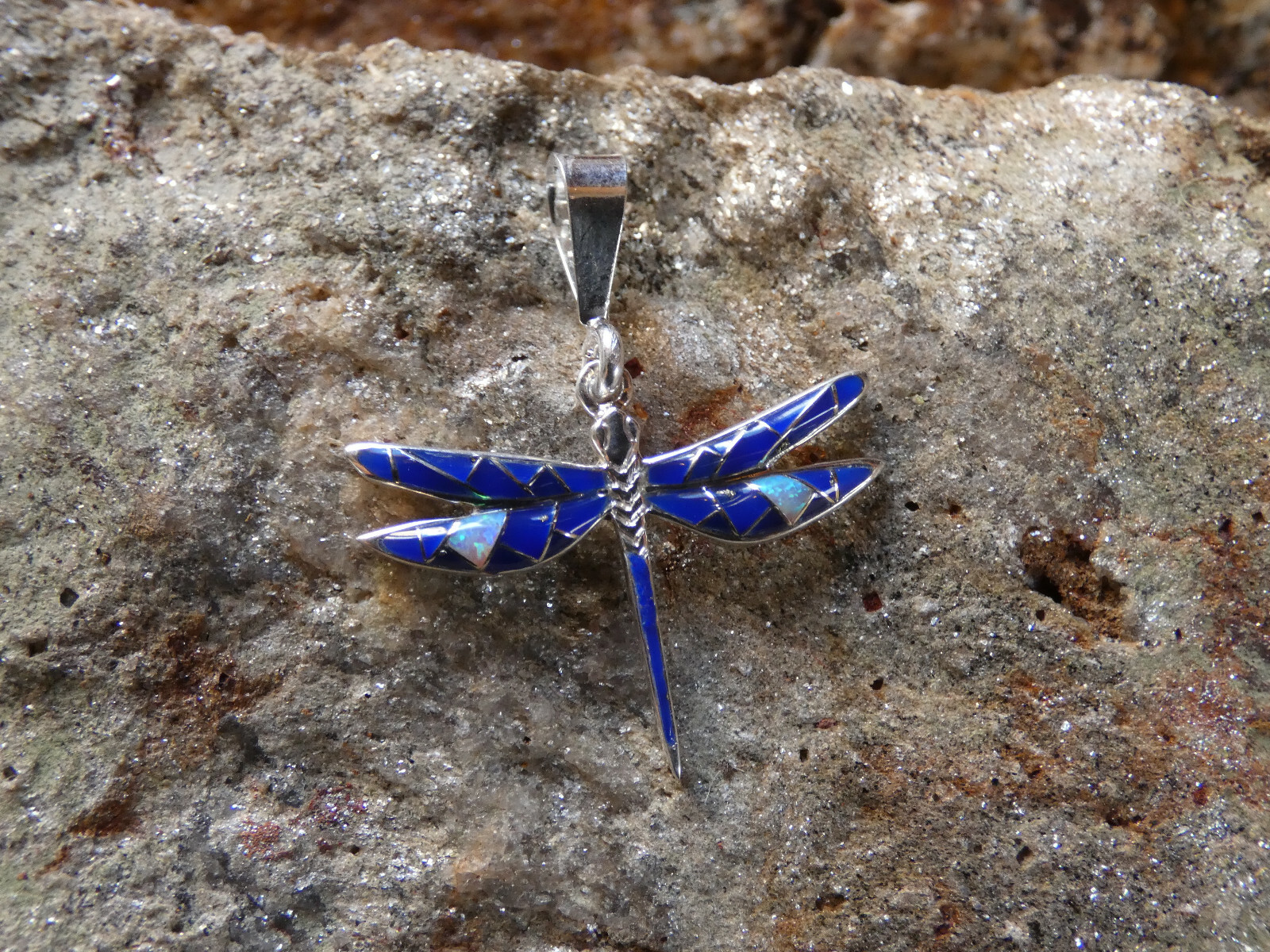 Lapis & Opal Dragonfly Handcrafted Sterling Silver 925 Petite Pendant S61 NEW