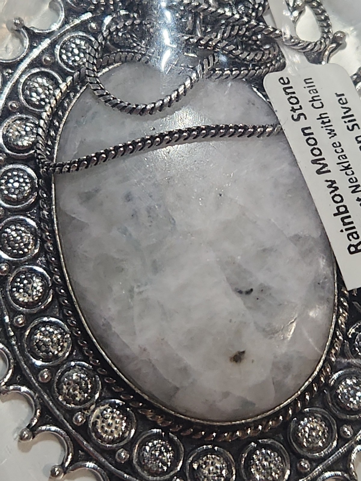 3 Inch German Silver Pendant With A Rainbow Moonstone And Chain (New)