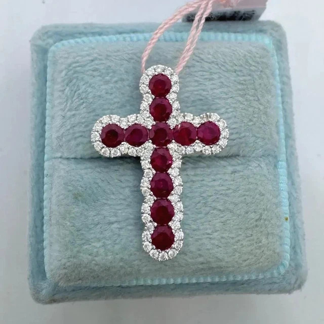 Round Cut Lab-Created Ruby Cross Womens Pendant Free Chain 14K White Gold Plated