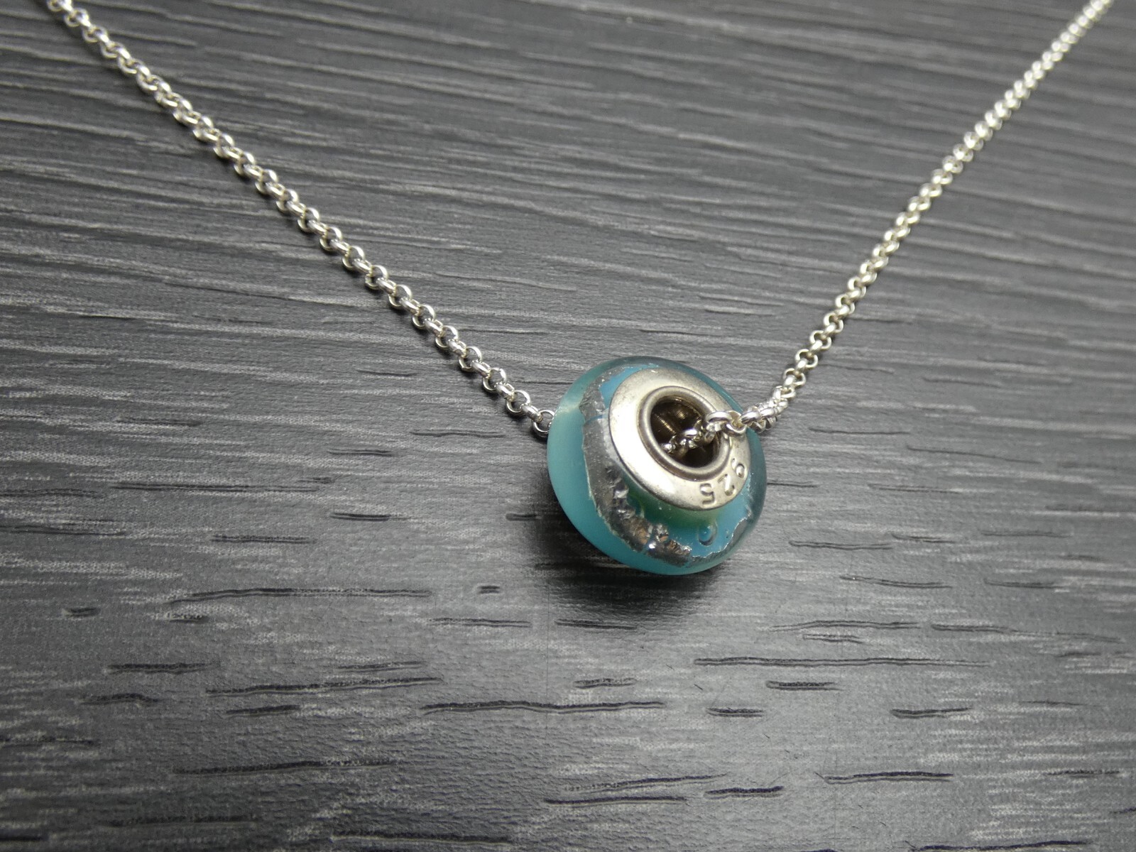 Sterling Silver Unique Green Blue Reflective Bead Charm Rolo Necklace 20 inches