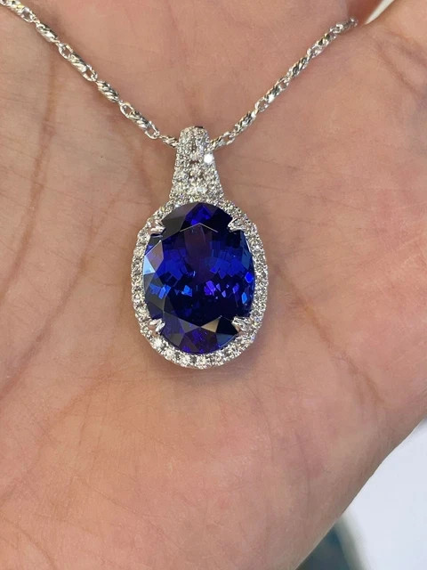 3Ctw Oval Cut Lab-Created Blue Sapphire Halo Pendant 14K White Gold Plated 18″