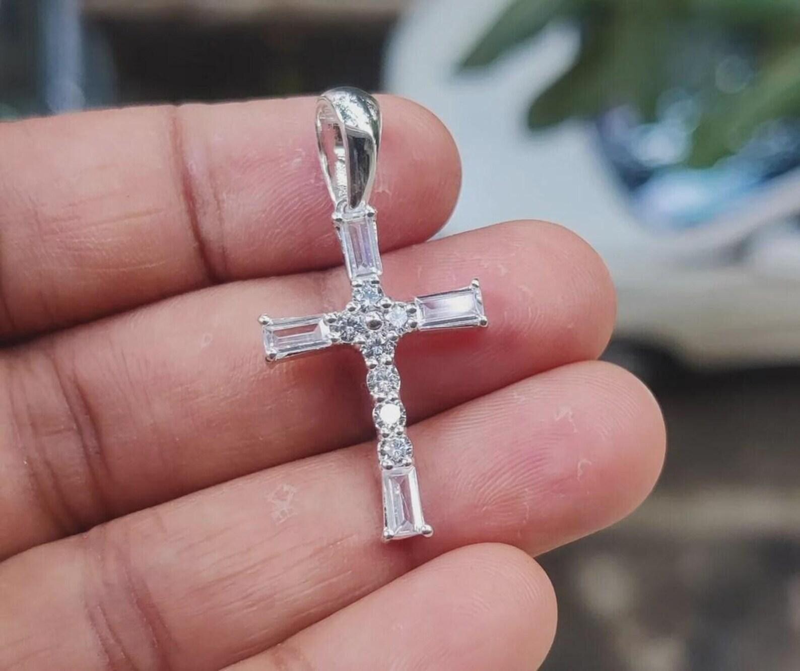 1 Ct Lab Created Baguette Moissanite Cross Shape Pendant 14K White Gold Plated
