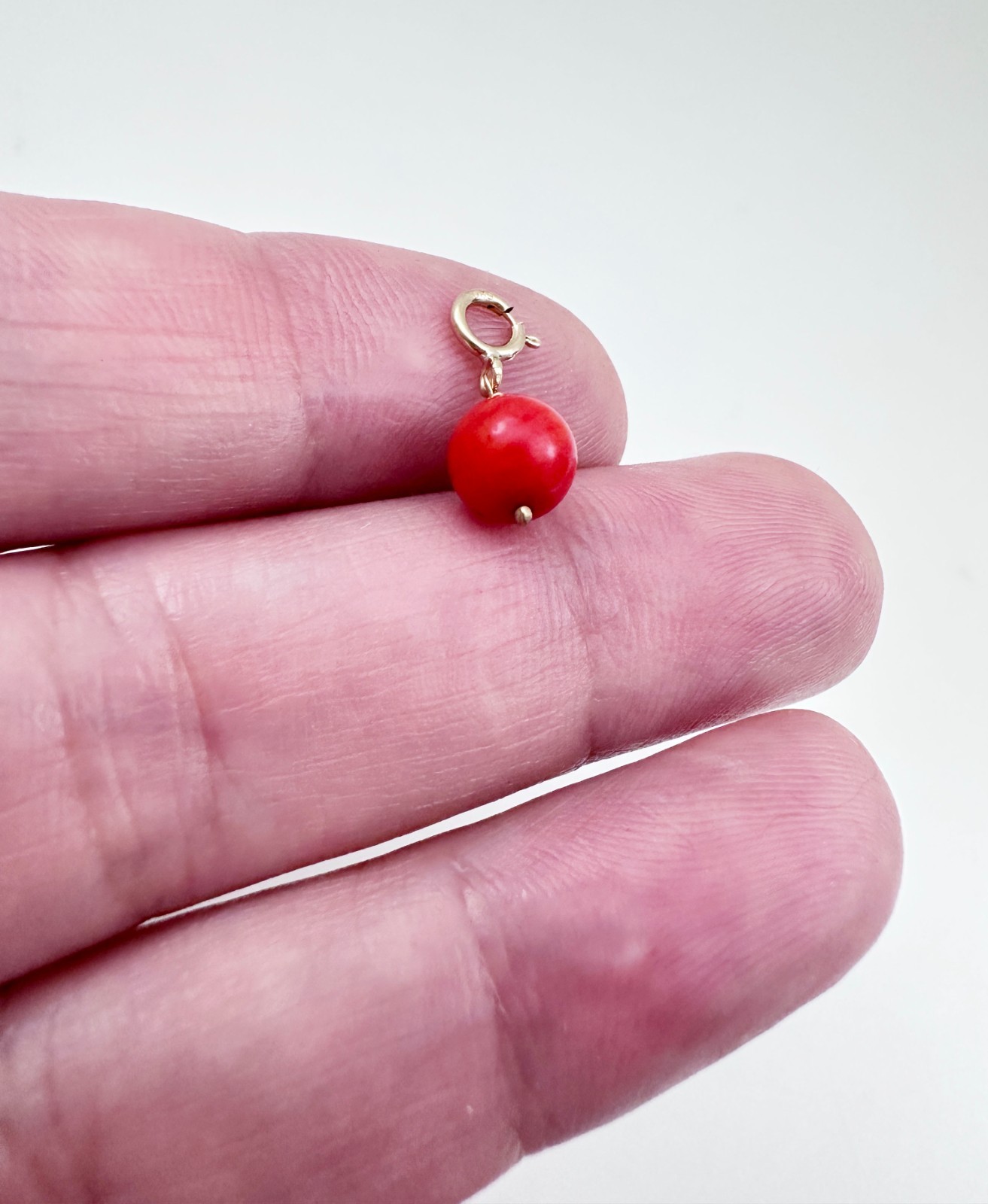 14K Solid Yellow Gold Small Round Red-Orange Coral Charm Pendant w/Spring Clasp