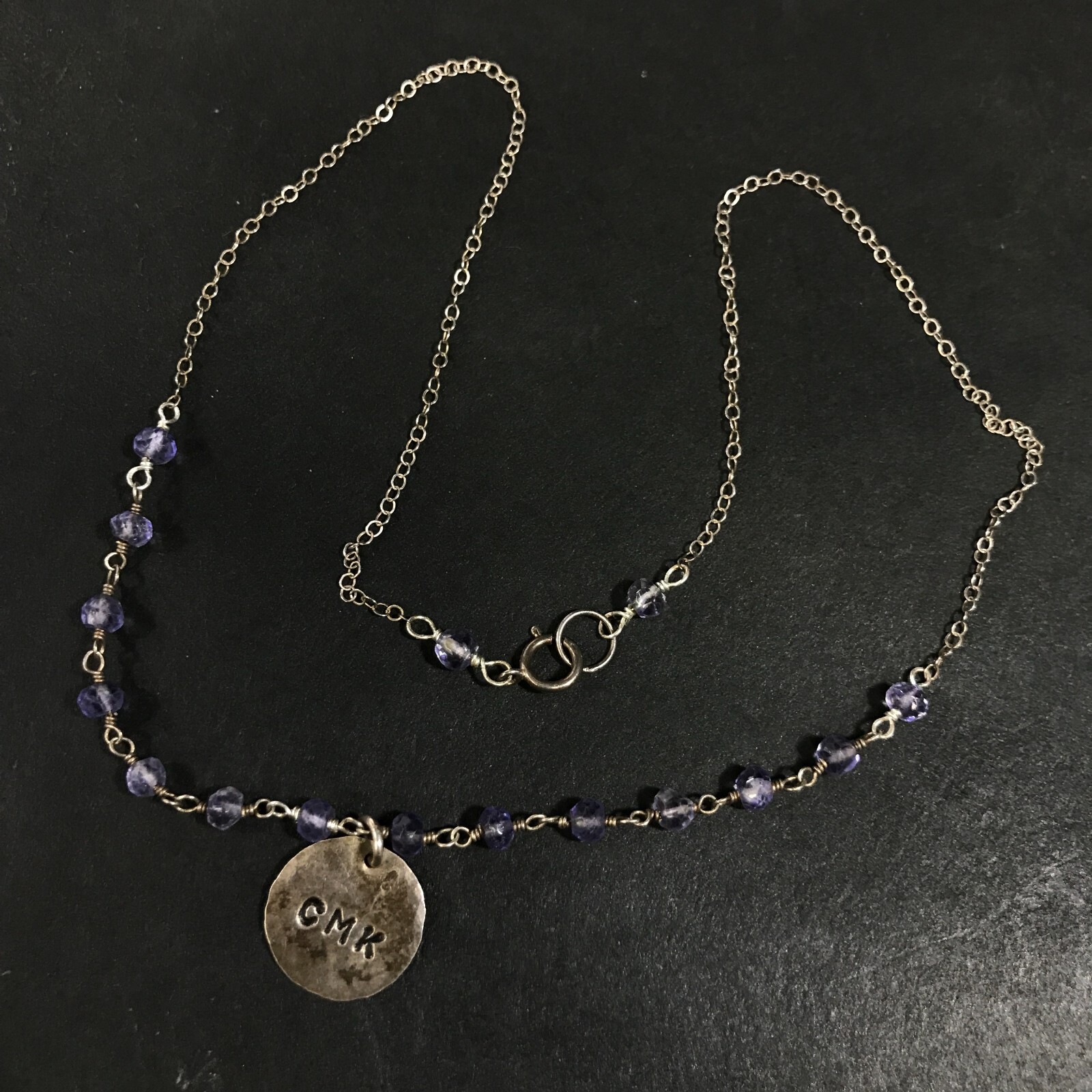 Sterling Silver Chain with Purple Plastic Beads and CMK Circle Pendant 16 in