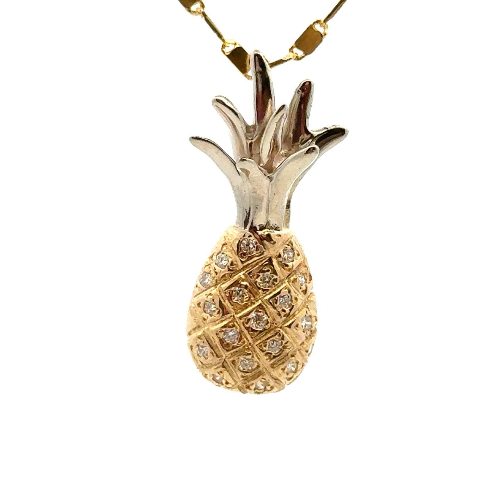 14KT TWO-TONE GOLD .19CT DIAMOND PINEAPPLE PENDANT 3.4 GRAMS