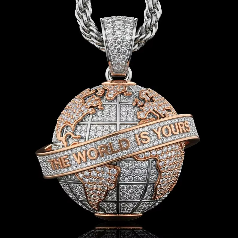 3Ct Round Moissanite Custom The World Is Your Pendant 14K Two Tone Gold Plated