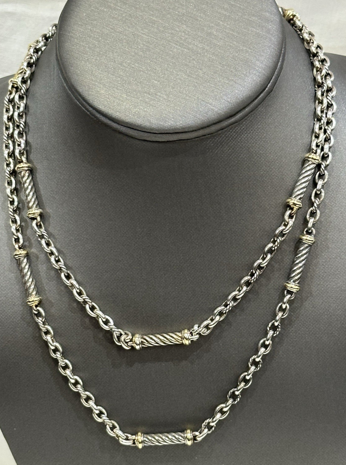 RARE DAVID YURMAN 925/18K BARRELL STATION TWISTED CABLE NECKLACE 34″ LONG