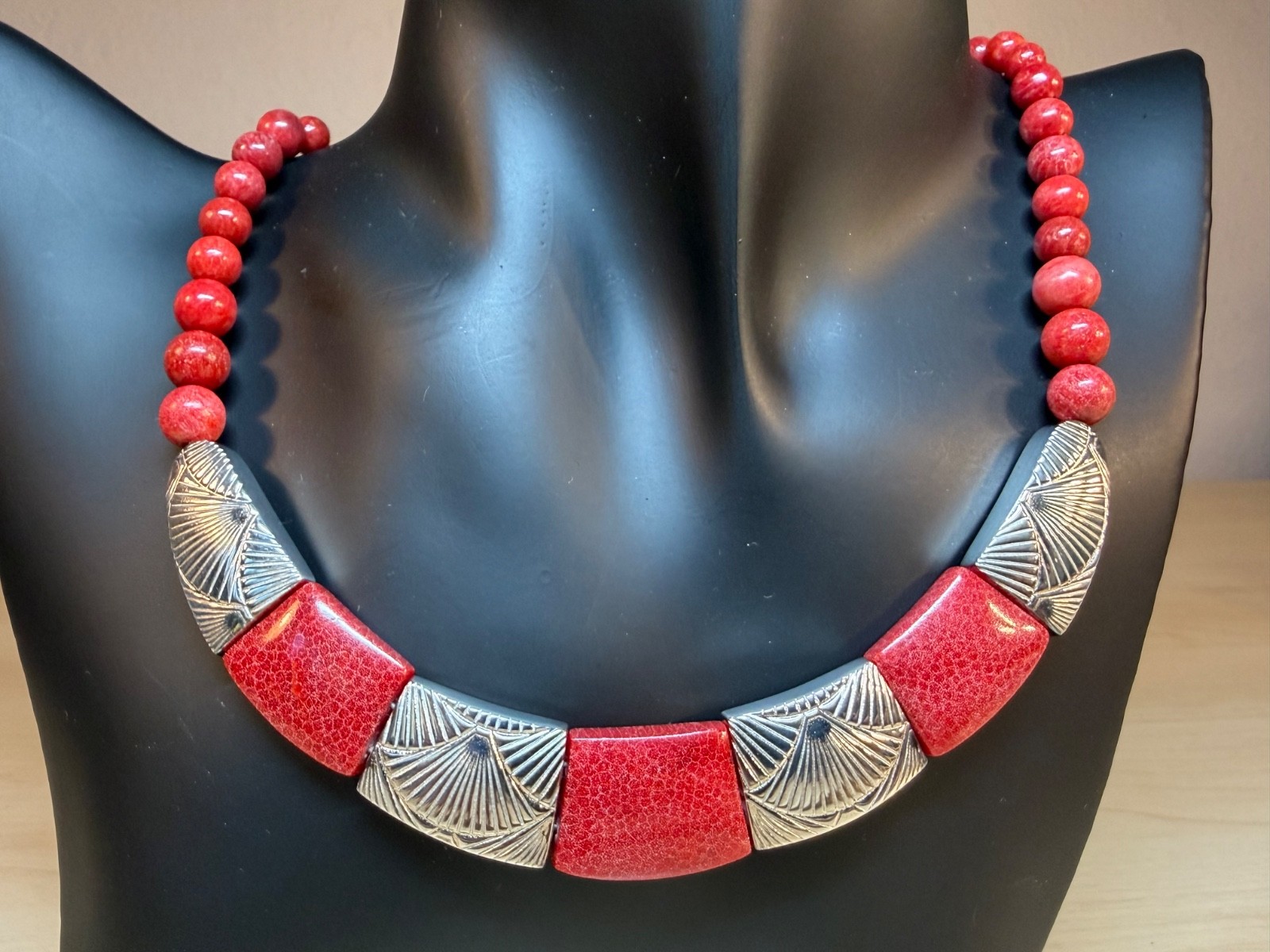 JAY KING Colors of Coral Hand Carved Sterling Silver Necklace Red Coral 18-21 in