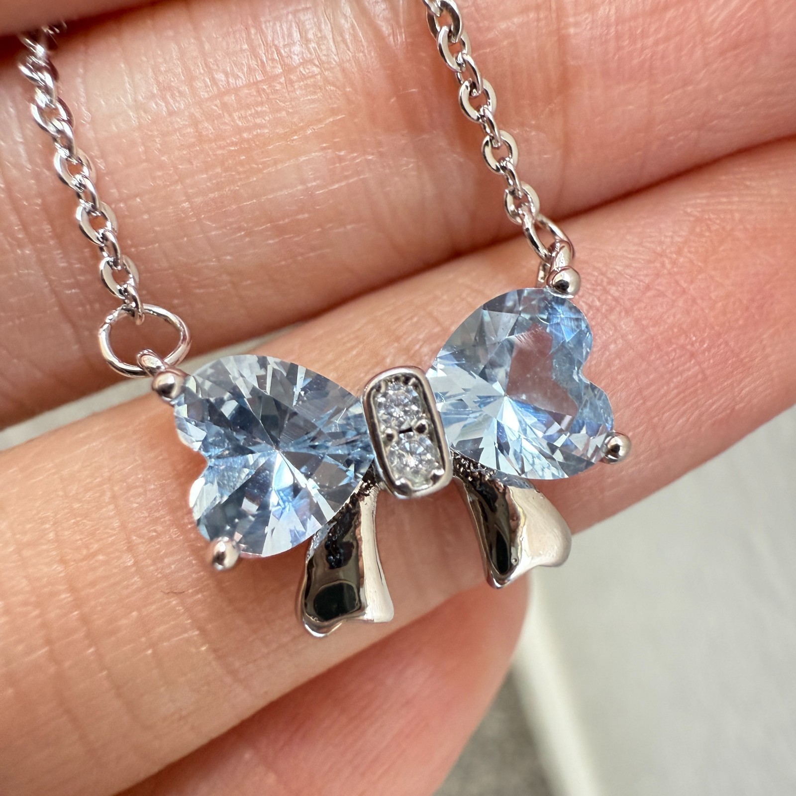 925 Sterling Silver Necklace 6mm Heart Natural Topaz Gemstone Zircon Chain Bow