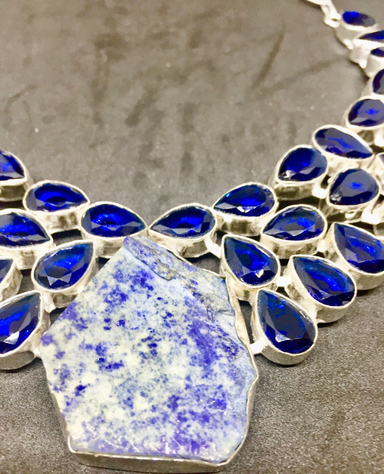 925 Sterling Silver Lapis Lazuli Blue Topaz Bib Statement Necklace Large Teardro