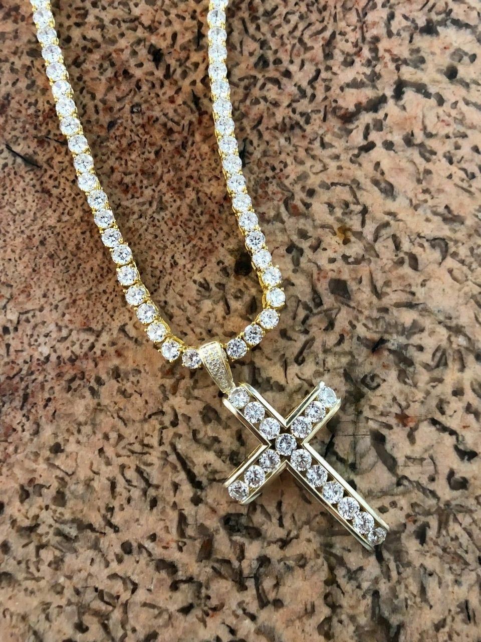 14k Gold Plated Real Solid 925 Silver Channel Set Cross CZ W. Chain Men’s ICY