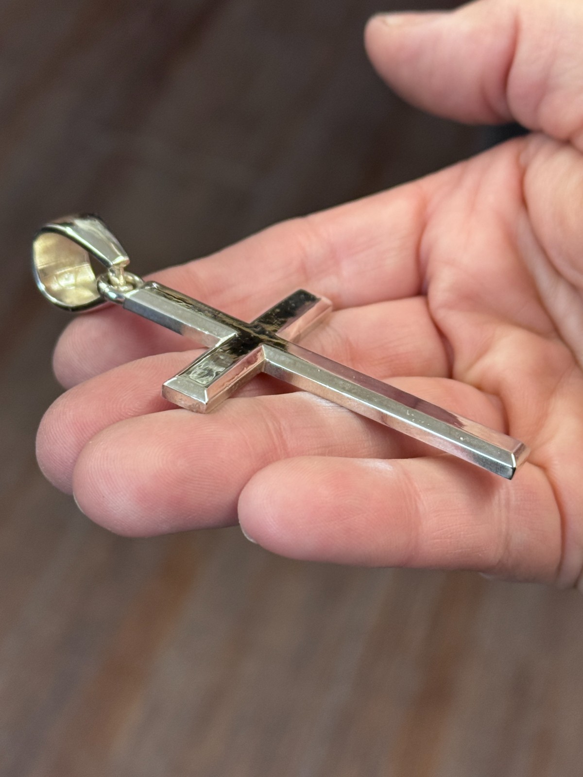 Large Cross Thick Pendant Beveled Plain Polished Silver 10- 20mm bail