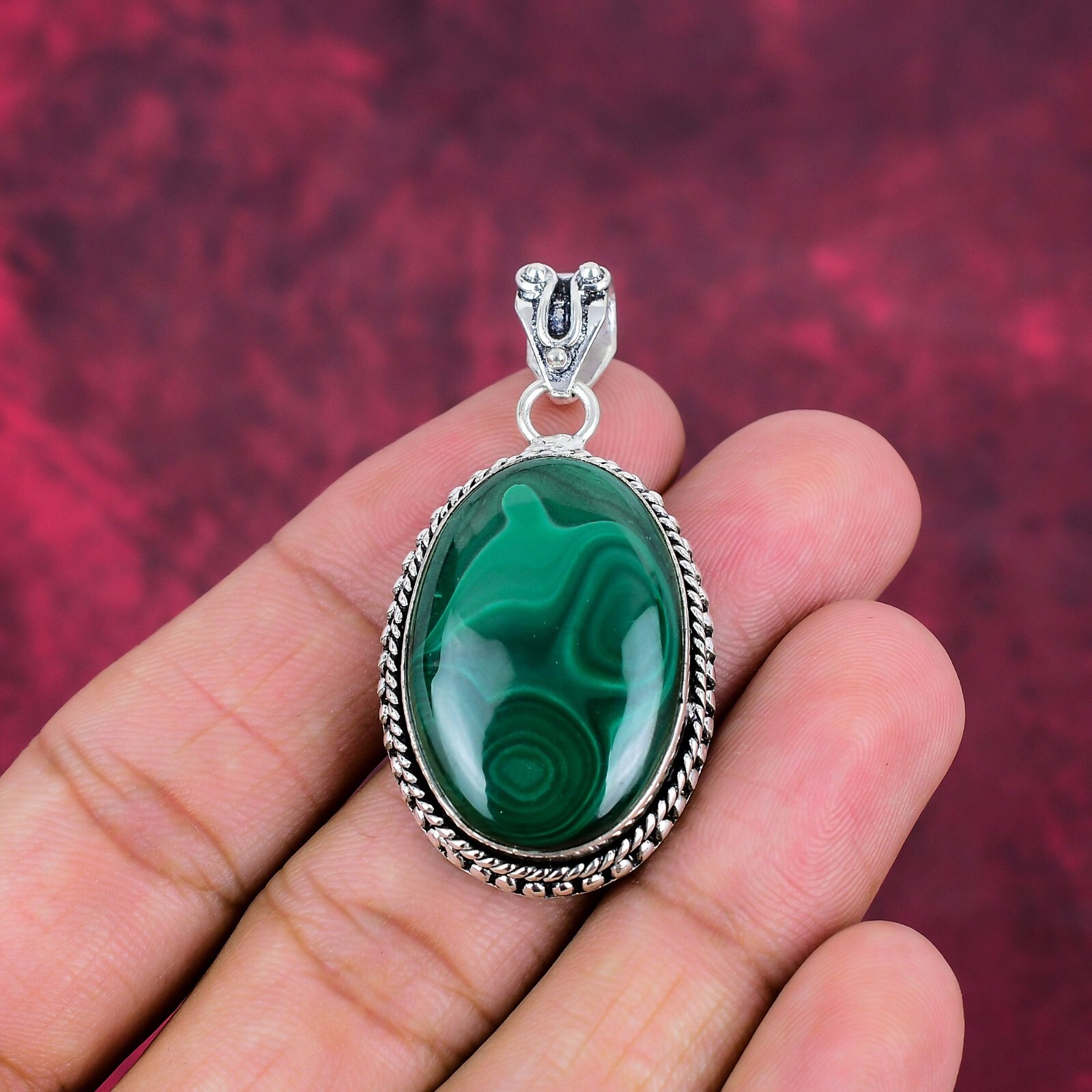 Beautiful Malachite Gemstone Handmade 925 Sterling Silver Pendant Jewelry