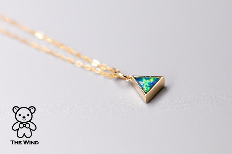 Minimalist Triangle Australian Doublet Opal Pendant Necklace 14K Yellow Gold