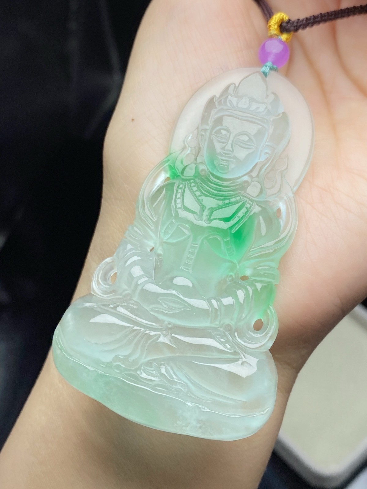 Natural Jadeite light green Carved Guanyin Lucky big Pendant jade Amulet 观音