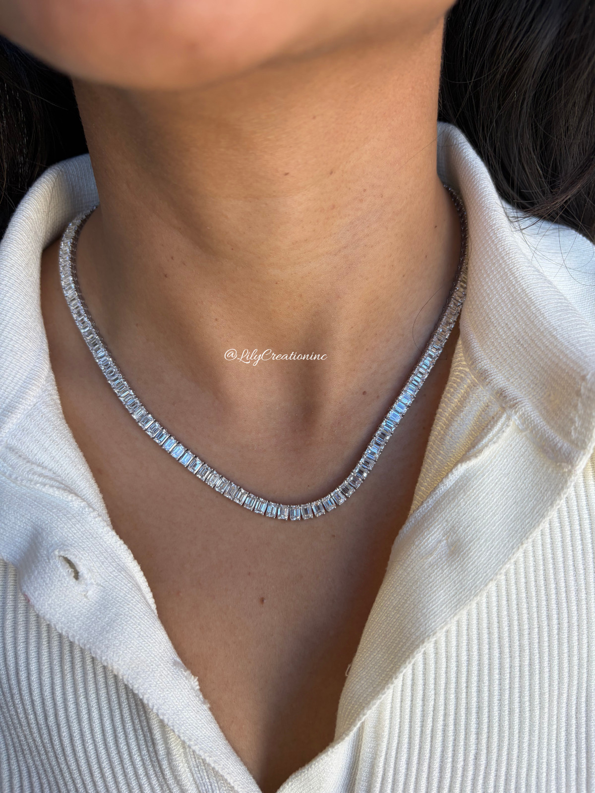 32 Ct Emerald Cut Lab Grown Diamond Tennis Necklace 16 Inch 14K Rose Gold