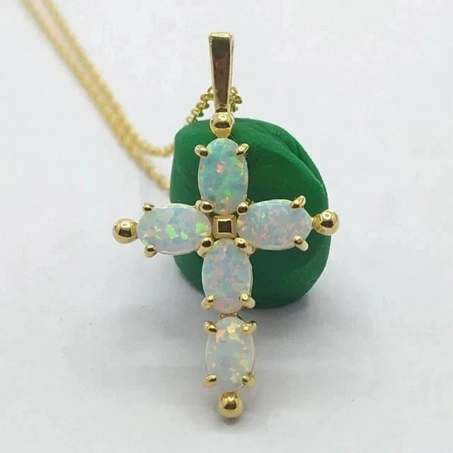 2.00Ct Oval Cut Lab Created Fire Opal Cross Pendant 14K Yellow Gold Plated