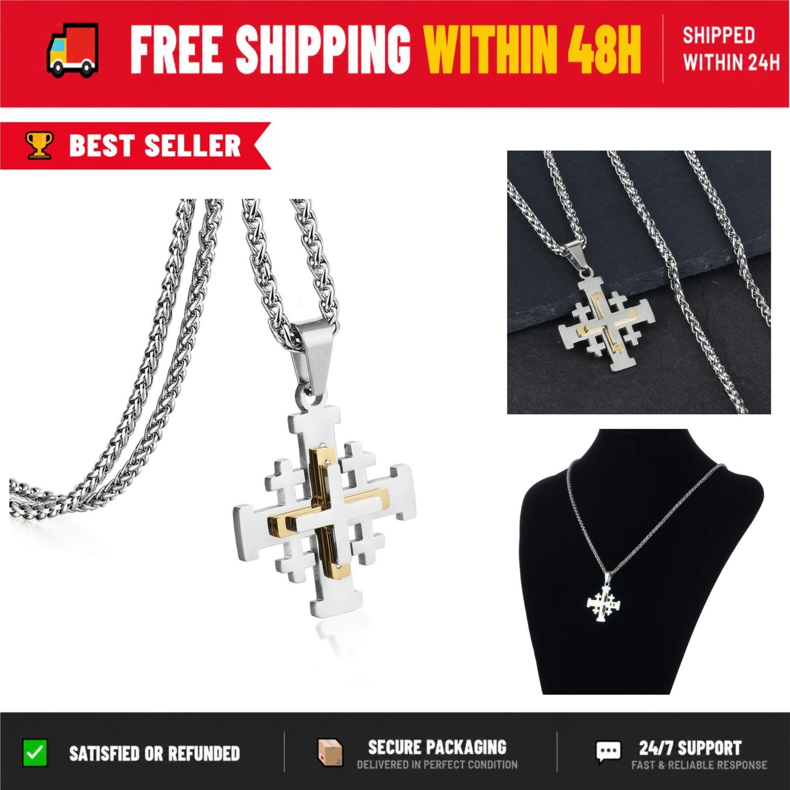 Stainless Steel Jerusalem Crusaders Cross Pendant Necklace for Men & Women