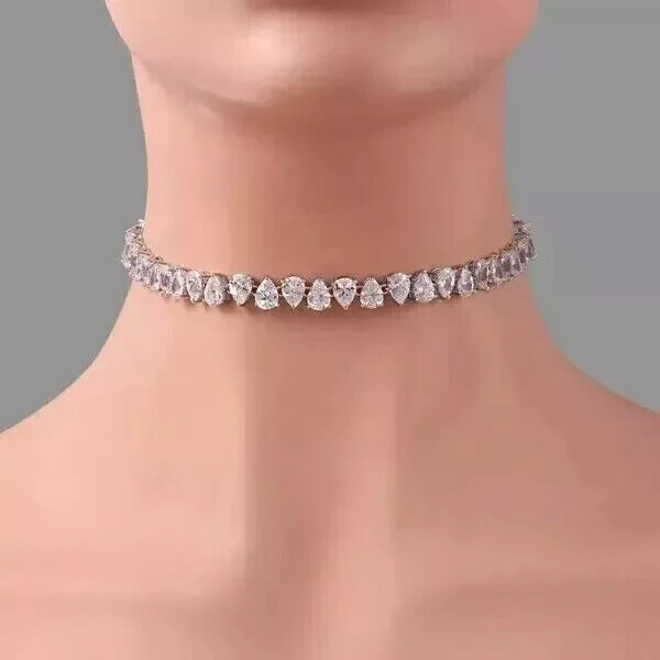 9Ct Pear Lab Created Diamond 18” Tennis Choker Necklace 14k White Gold Plated