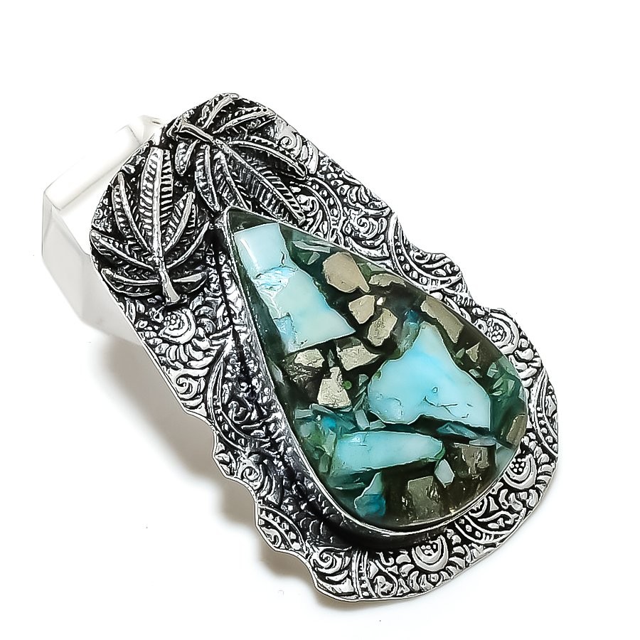 Copper Amazonite Gemstone Handmade 925 Sterling Silver Gift Pendant 2.17″ W696