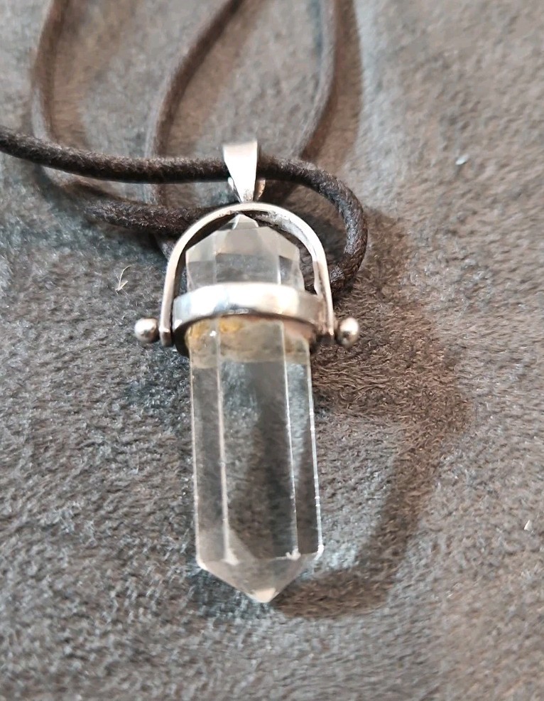 Quartz Point In Sterling Silver Healing Crystal Pendant Faceted Inset Malachite