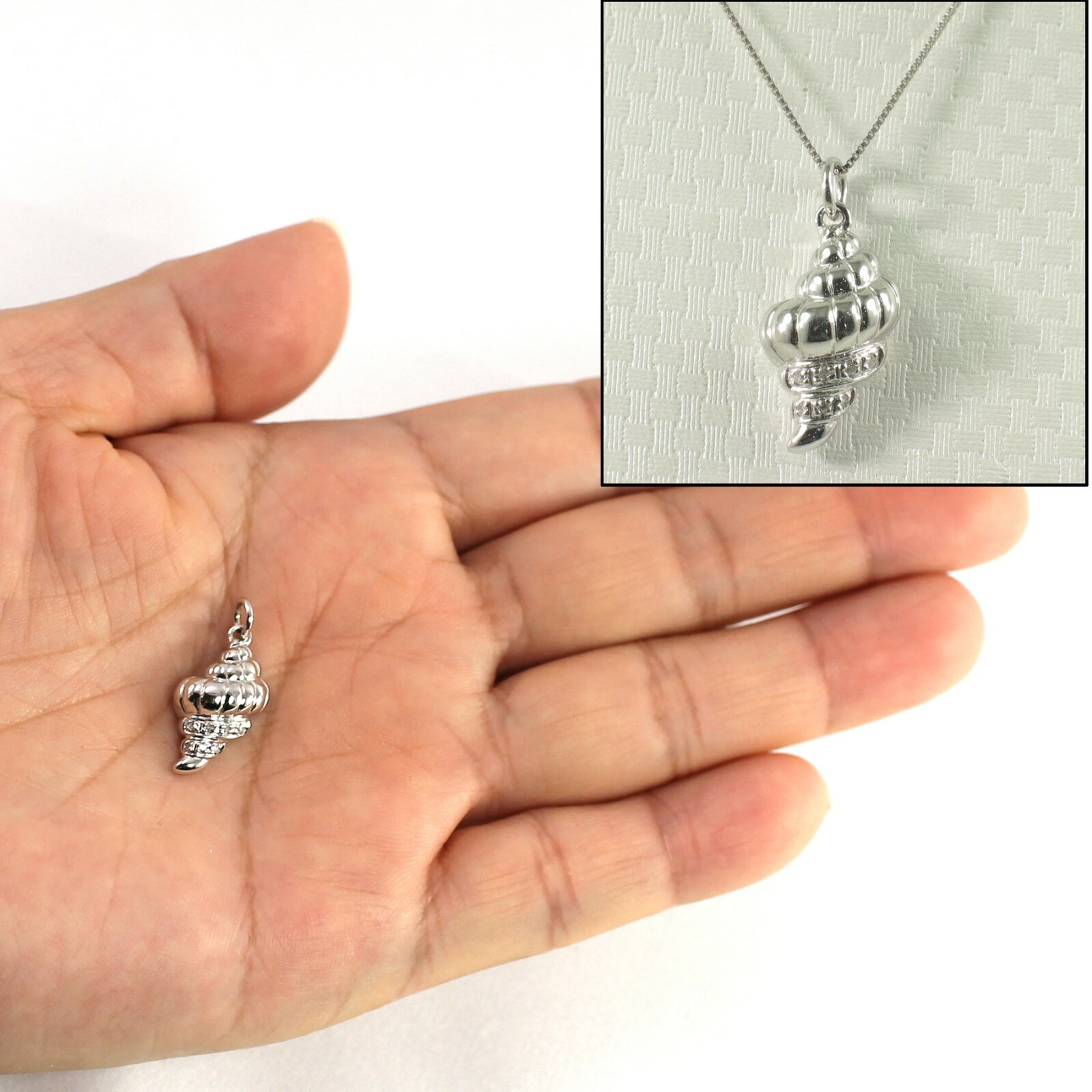 14k White Solid Gold Diamonds Beautiful & Unique Conch Pendant Necklace