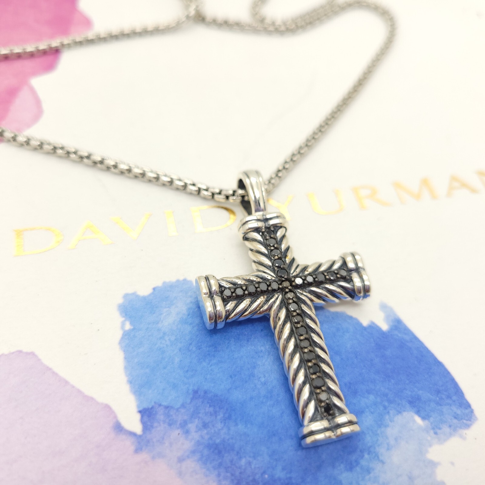 David Yurman Sterling Silver Black Diamond Large Chevron Cross with 20 in Chain