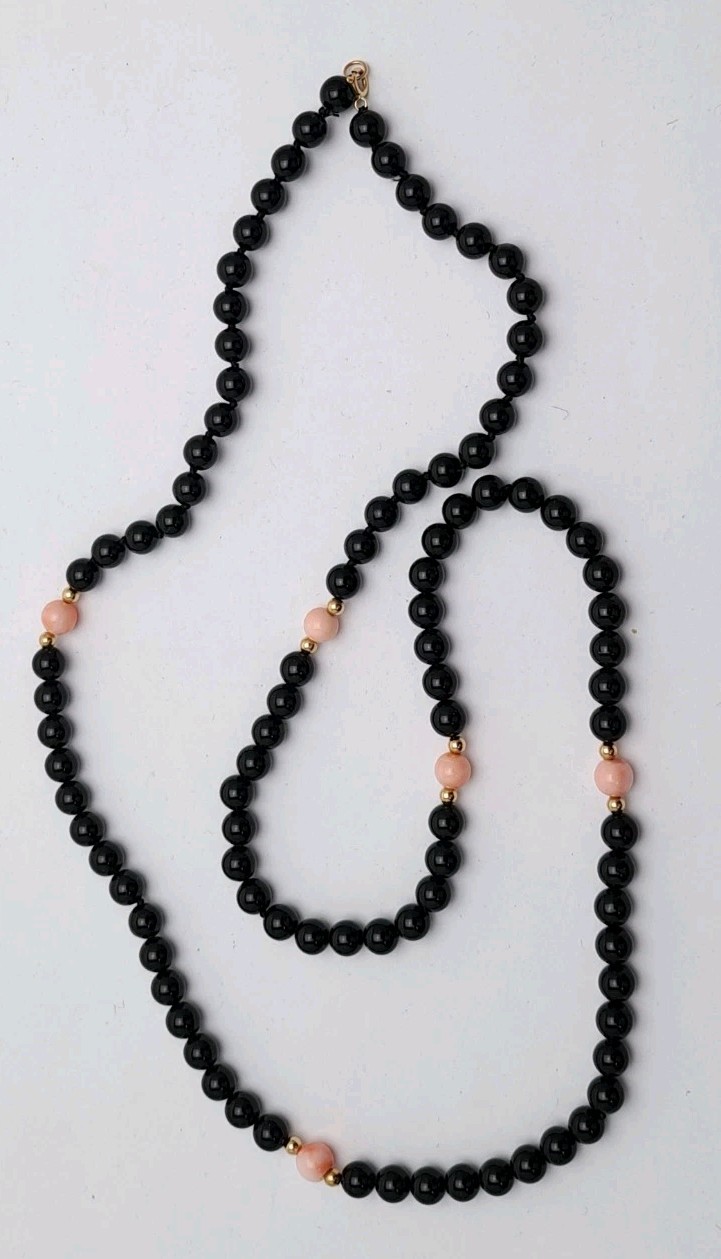 New Necklace Black Onyx 14kt Gold & Pink Corals 26 Inches
