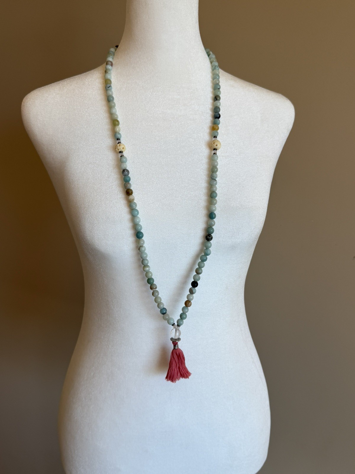 Silver & Sage Mala Necklace Green Amazonite and Quartz Pink Rose Tassel NEW
