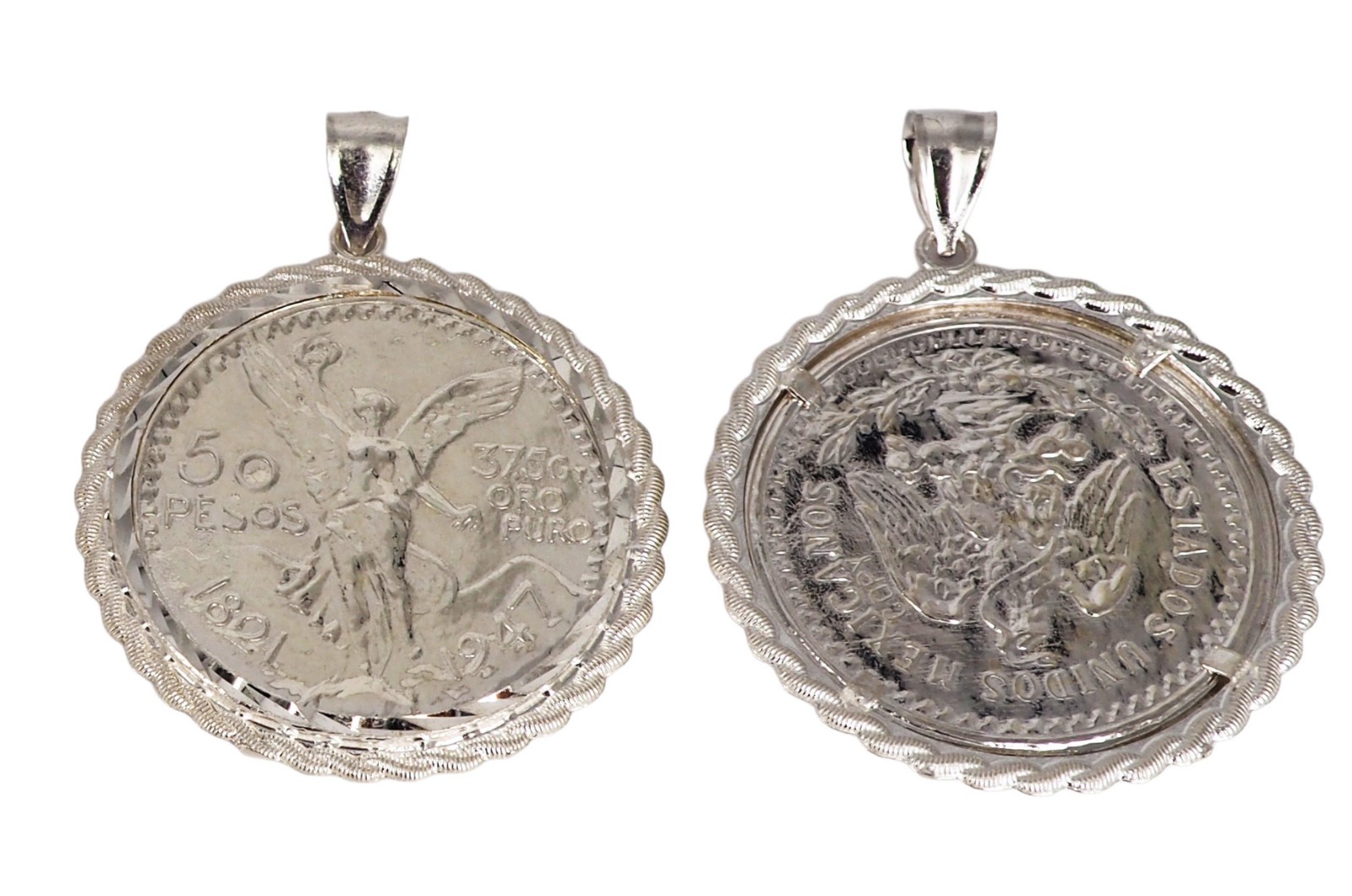 925 Sterling Silver Mexican 50 Peso Centenario Coin Bezel Rope Pendant Necklace
