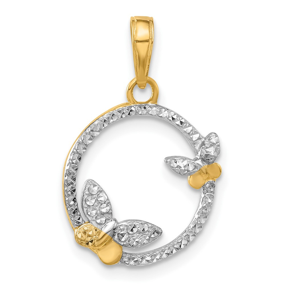 14k Yellow Gold And White Rhodium Diamond-Cut Butterflies on Circle Pendant