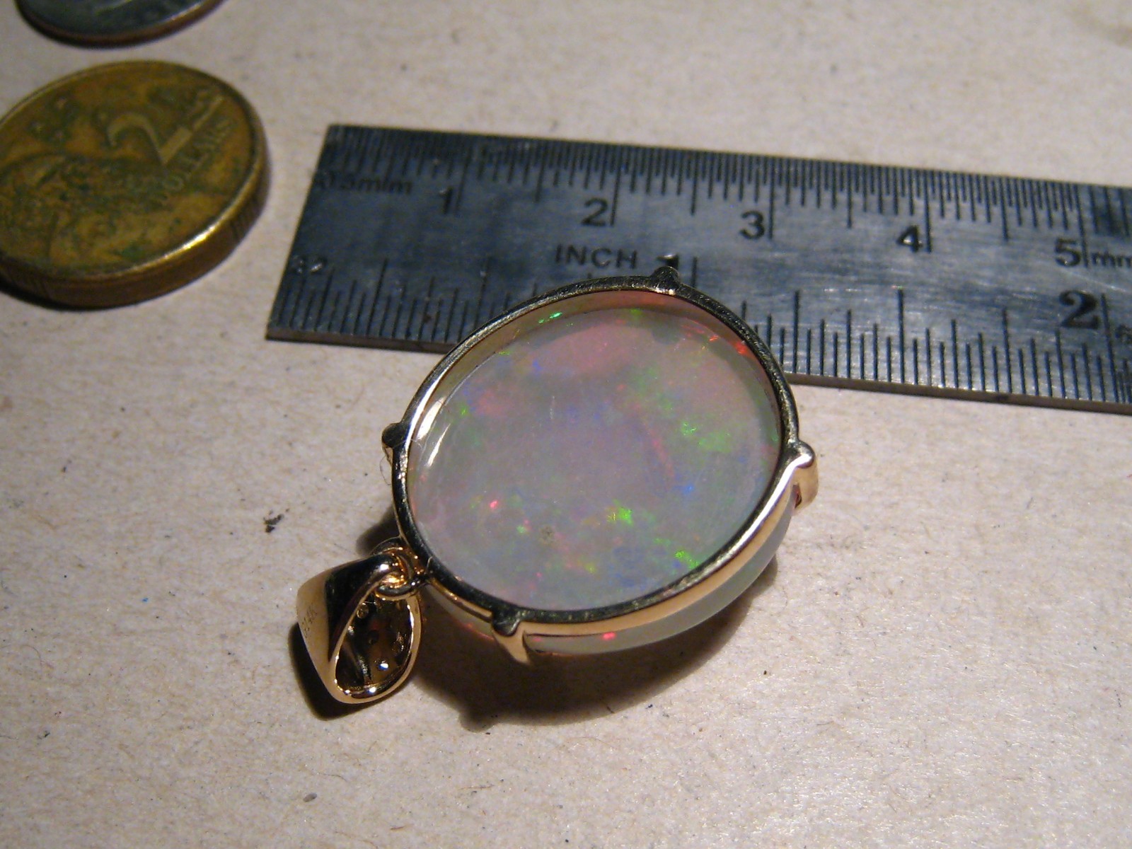 Large 16 ct. Ethiopian Opal and Diamond Pendant , 14 k Gold , Red Harlequin