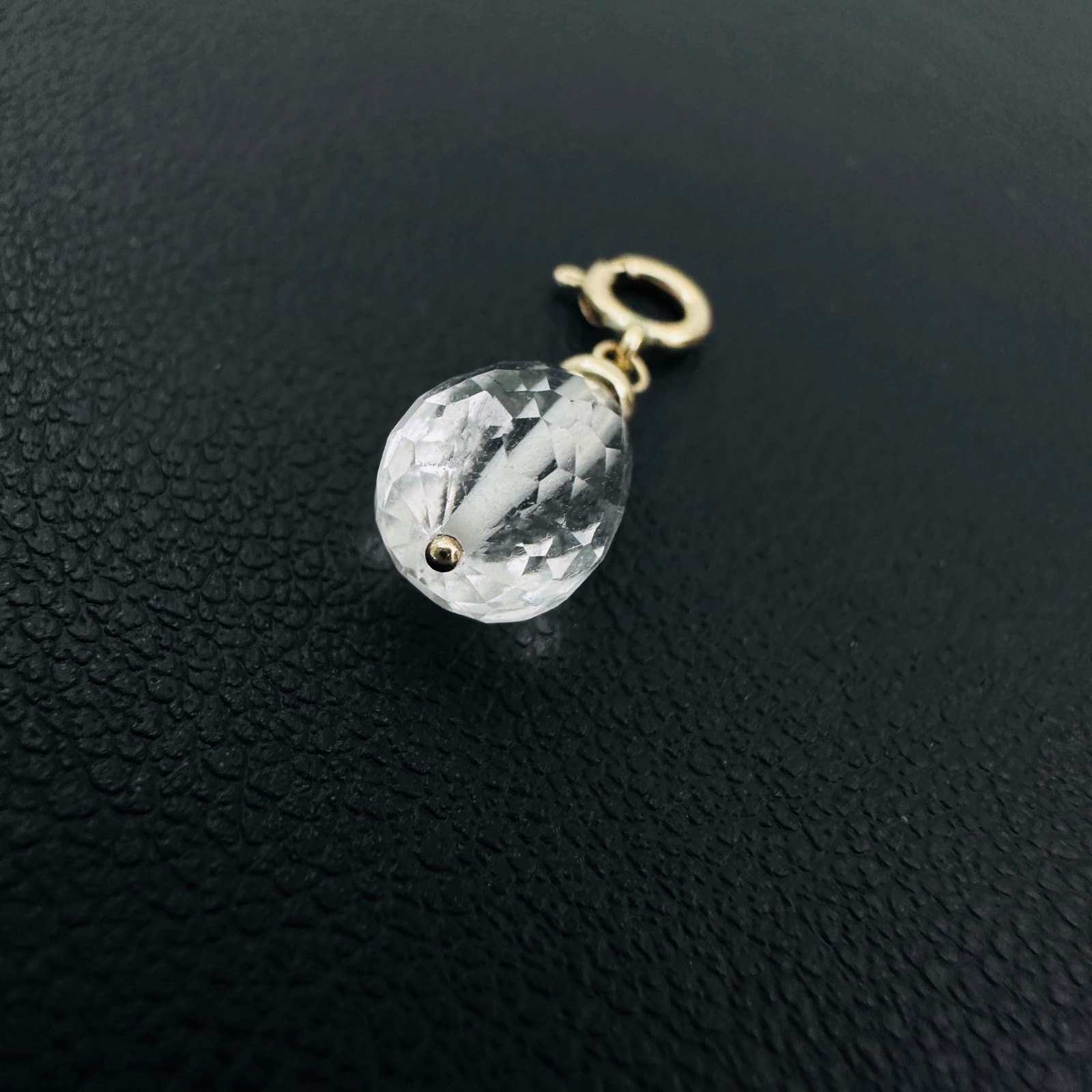 14K Solid Yellow Gold Small Clear Quartz Briolette Charm Pendant w/Spring Clasp