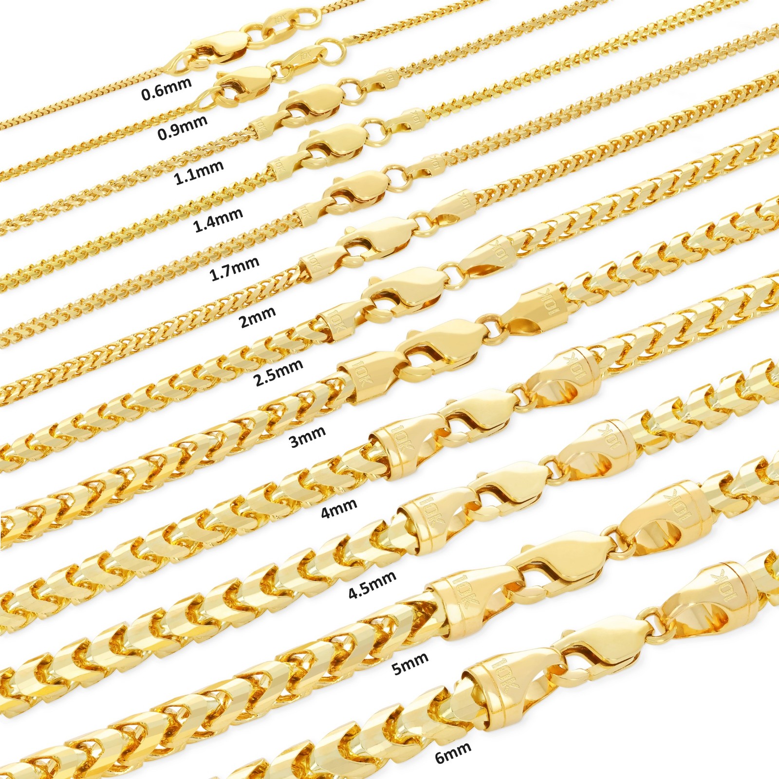 10K Yellow Gold Solid Franco 0.6mm-6mm Diamond Cut Spiga Chain Necklace 16″- 30″