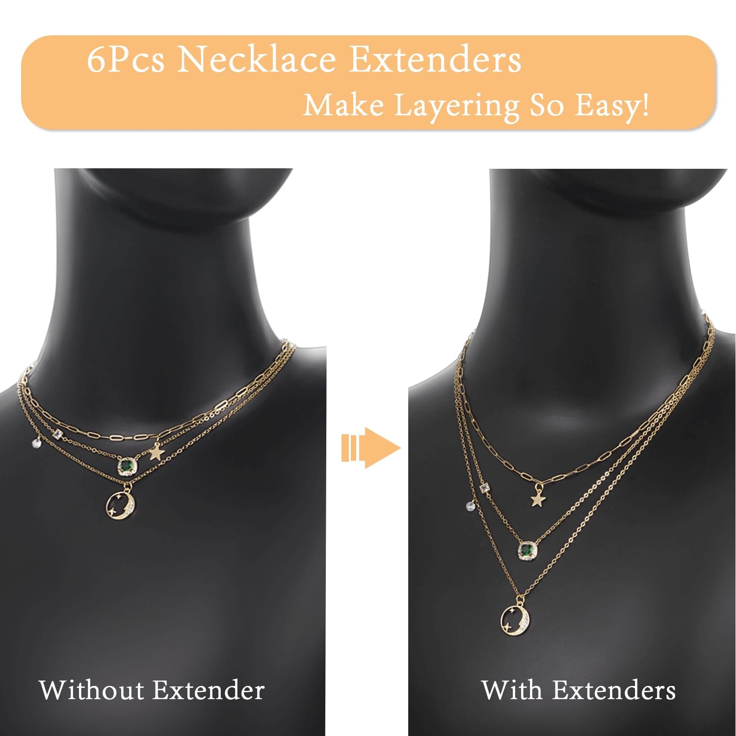 18K 14K Gold Plated Necklace Extender 6 Piece Set 1 2 3 4 5 6 Inch for Jewelry