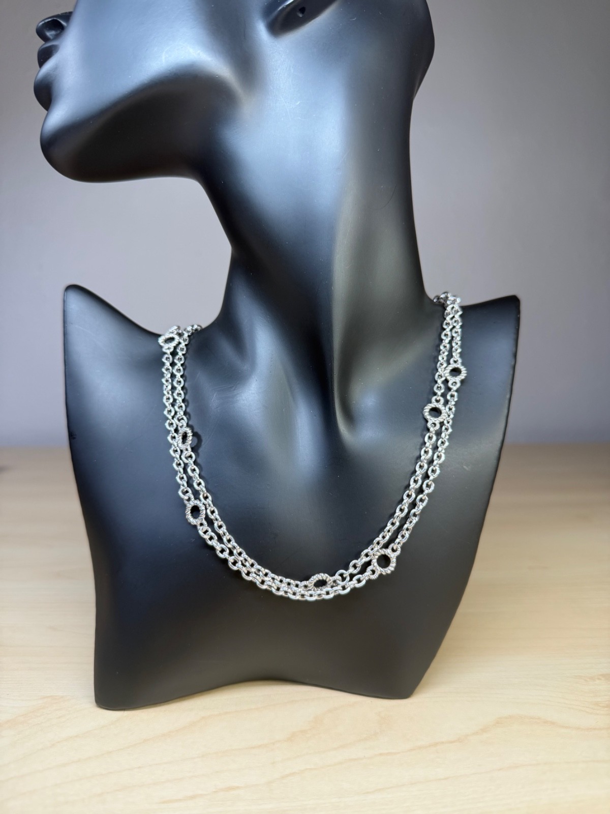 Judith Ripka Sterling Silver Oval Link Chain Round Texture Station Necklace 36in