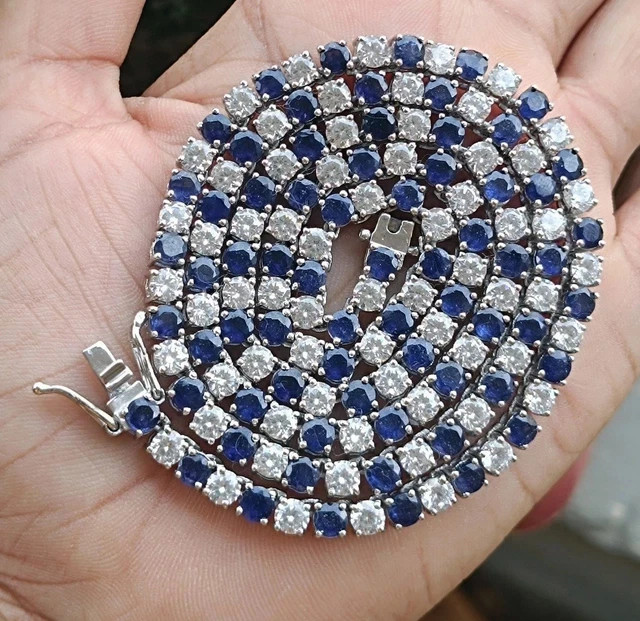 20Ct Created Diamond Sapphire men’s Tennis Necklace 18″ 14K White Gold Over 4MM