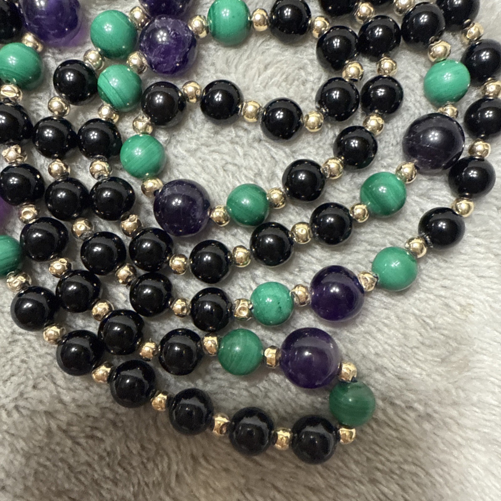 Yellow 80+ Gold Beads Spacer Black Onyx Amethyst Long Bead Necklace 26” 31g