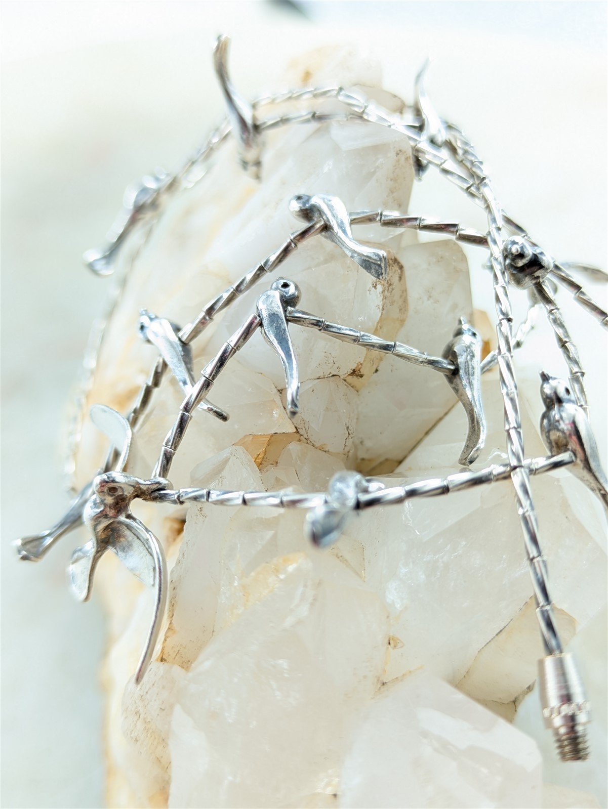 Vintage Solid Sterling Liquid Silver Fetish Beaded Bird Necklace 15.5 Grams
