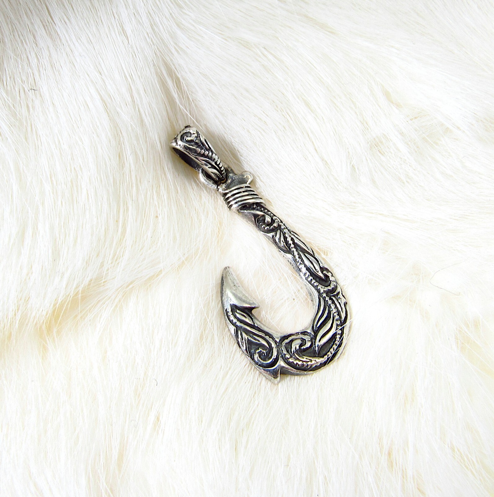 Solid 925 Sterling Silver Ornate Filigree Nautical J Hook Fish Hook Pendant