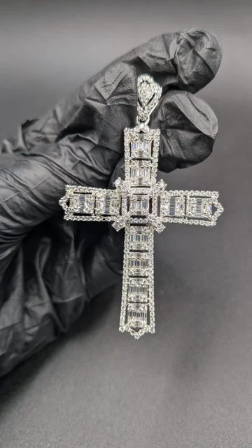 2Ct Baguette Cut Lab Created White Diamond Cross Pendant 14K White Gold Plated