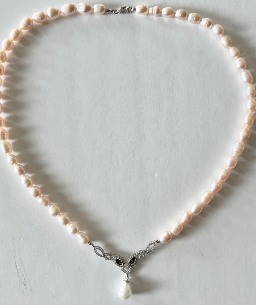 REAL PERIDOT Pearl SAPPHIRE 14K W Gold on SOLID 925 Drop Necklace PINK Victorian
