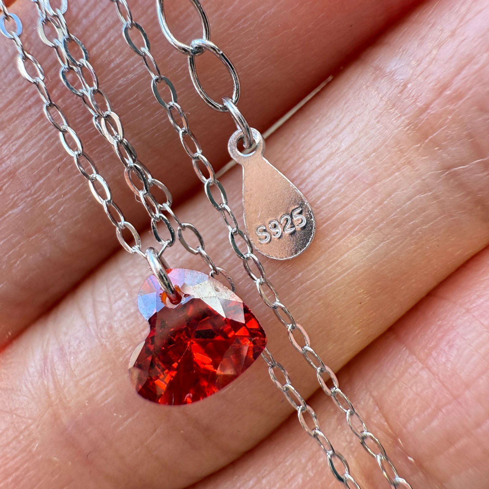 925 Sterling Silver Necklace 6mm Heart Red Natural Zircon Gemstone Chain Gift